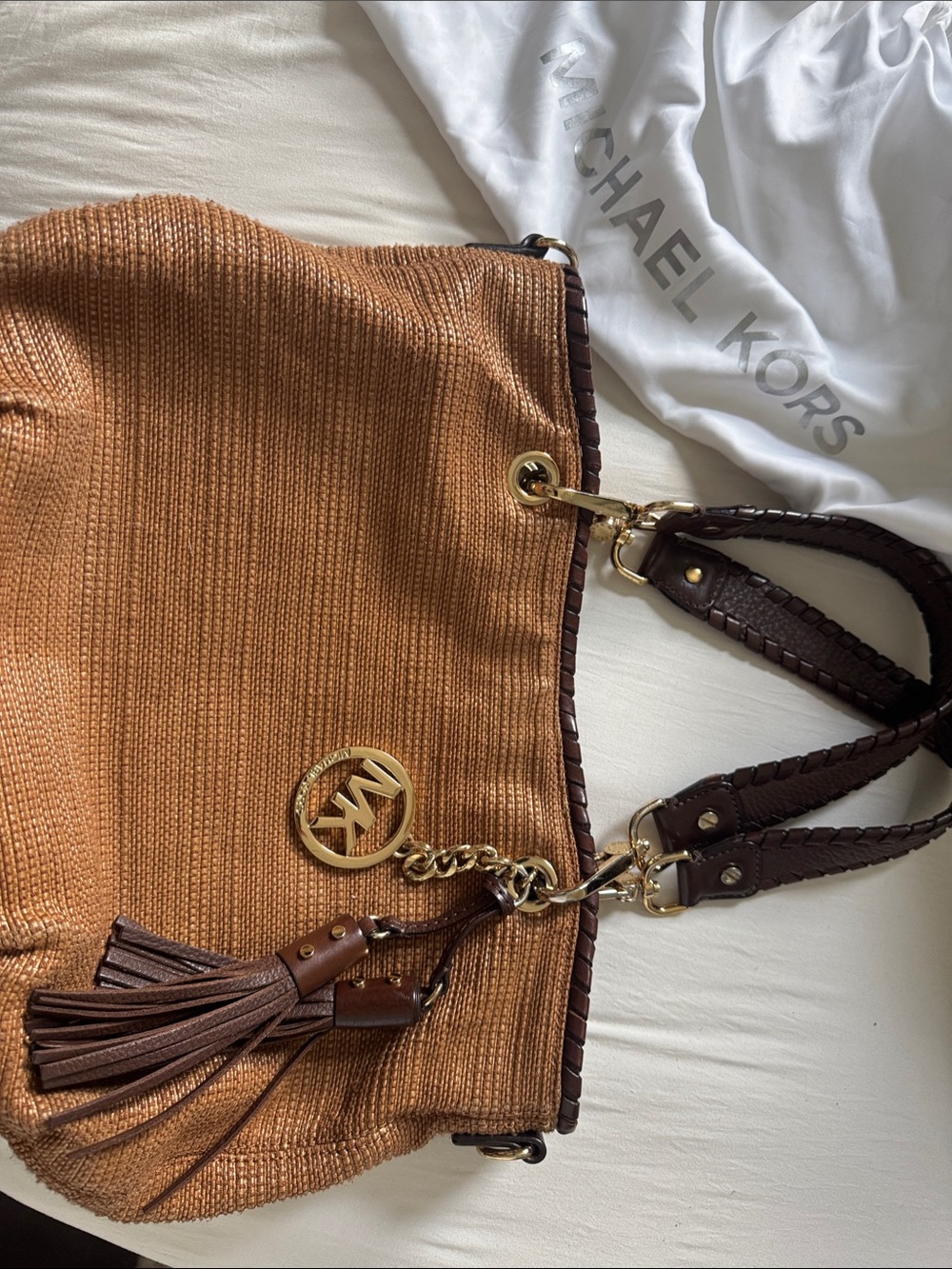 Michael Kors Tan Woven Shoulder Bag with Dark Brown Trim